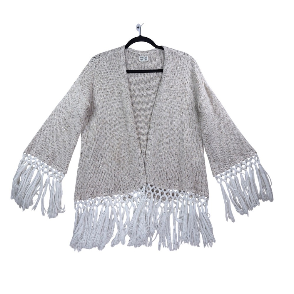 RVCA Nature X Industry Sequin Fringe Cardigan Sweater Beige XS/S Boho Macrame